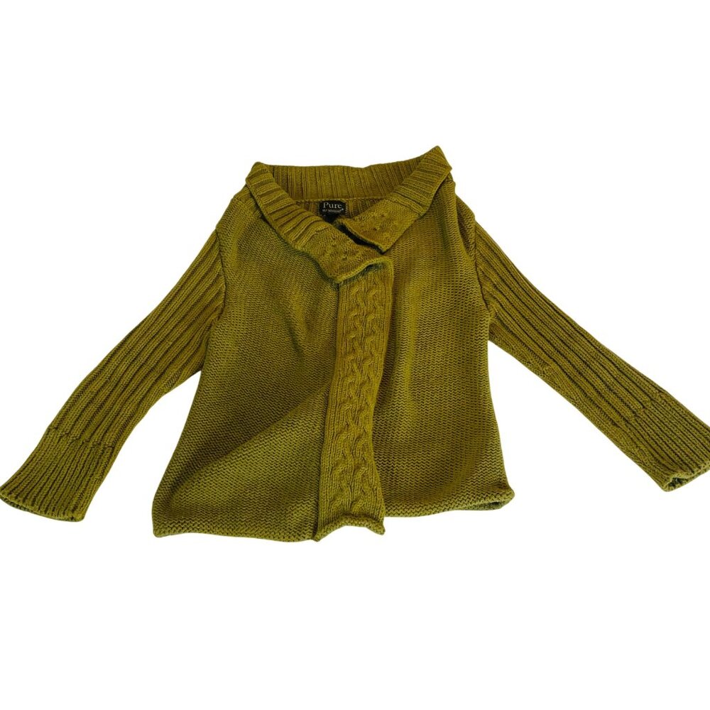 Pure Olive Green Knit Cardigan Sweater S/m Handknit Ribbed Sleeves Cable Knit